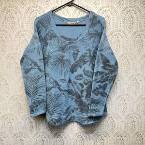 Soft Surroundings Sweater Womens XL Blue Tropical Leaf Knit Pullover Cotton